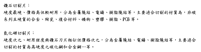文字方块: 钻石切割片:
硬度最硬、价格高但较耐用,分为金属烧结、电铸、树脂烧结等,主要适合切割的材质为,非碳系列且硬质的合金、陶瓷、复合材料、矿物、塑胶、树脂、PCB等。
氮化硼切割片:
硬度次之、耐用程度与钻石刀片相似但价格次之,分为金属烧结、电铸、树脂烧结等,主要适合切割的材质为高硬度之碳化钢和合金钢…等。